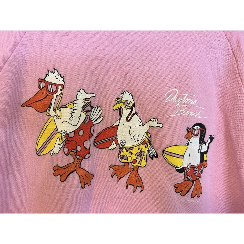 VTG 80s Daytona Beach Birds Pink Sweatshirt XL Unisex Grandamacore Surf Penguin